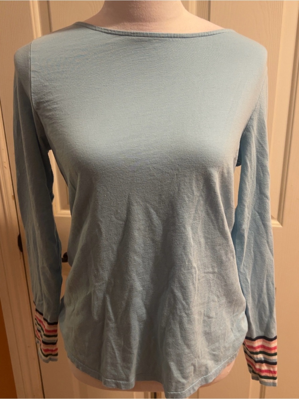 Boden | Light Blue Long Sleeve Top with Multicolor Striped Cuffs Women